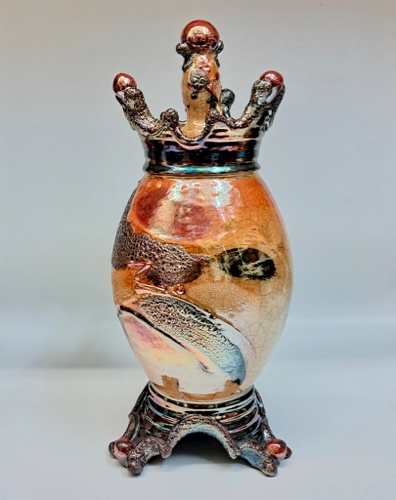 #221284 Raku Glitter Glaze Lidded Urn  $225 at Hunter Wolff Gallery